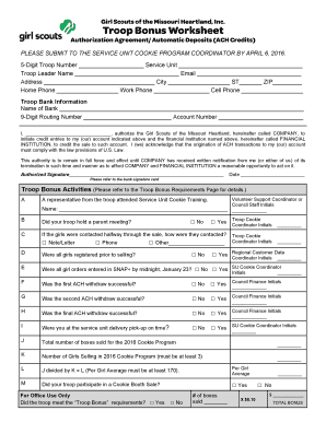 Girl Scouts Troop Cookie Program Authorization Form