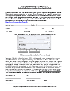 Columbia College Hollywood Student Direct Deposit Refund Authorization