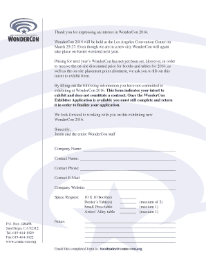 WonderCon 2016 Exhibitor Intent Form