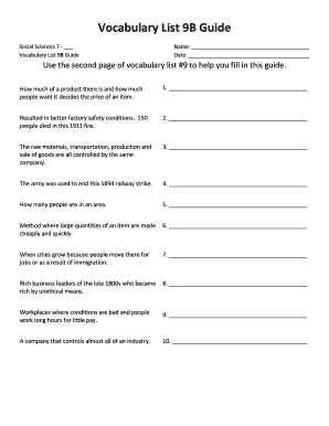 Vocabulary List 9B Guide