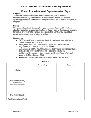 Sop sample - Template validation SOP for Cryopreservation Bags - CBMTG - cbmtg