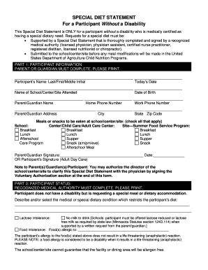 Special Diet Statement for USDA Child Nutrition Programs