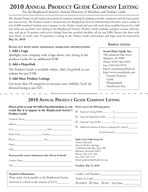 Biophysical Society Product Guide Listing Form