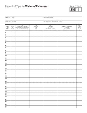 IRS Tip Record for Waiters and Waitresses