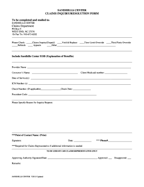 Sandhills Center Claims Inquiry Form