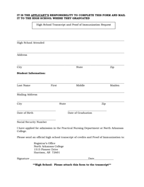High School Transcript and Immunization Request Form