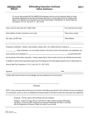 Arizona Native American Withholding Exemption Certificate