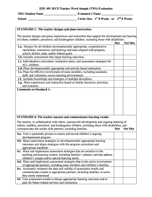 EDU 491 IECE Teacher Work Sample TWS Evaluation NKU