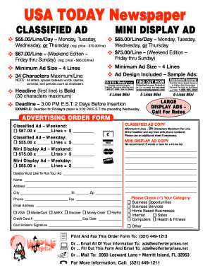 USA Today Classified Ad Order Form