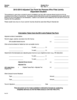 2015-2016 Adjusted Tax Form for Dependent Student