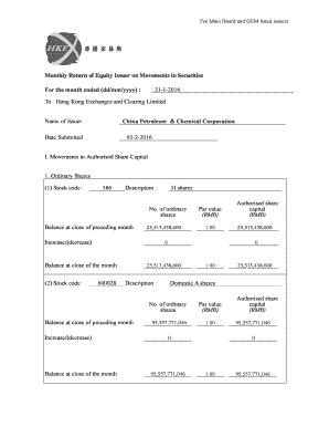 Monthly Return of Equity Issuer on Movements in Securities