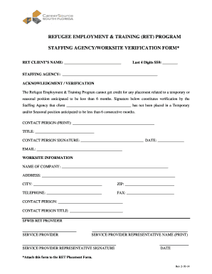 Refugee Employment Training Program Staffing Verification Form