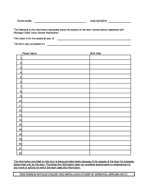 Michigan State Youth Soccer Team Roster Form