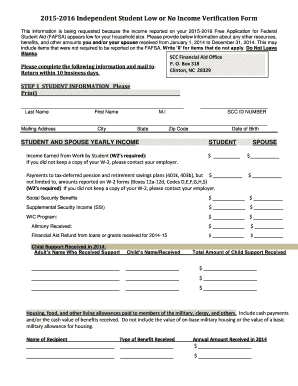 2015-2016 Independent Student Low or No Income Verification Form