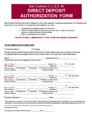 Ball-Chatham School District Direct Deposit Form