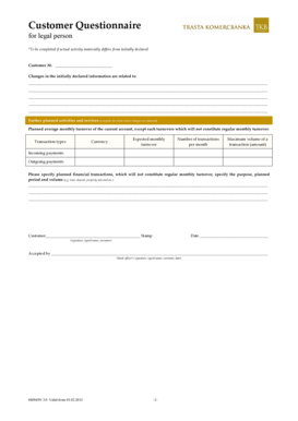 Customer Questionnaire for Legal Person