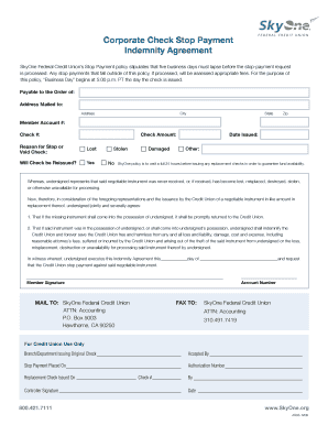 Corporate Check Stop Payment Indemnity Agreement