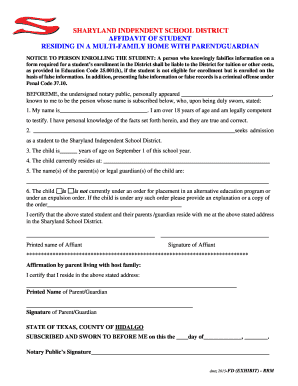 Sharyland Student Residency Affidavit