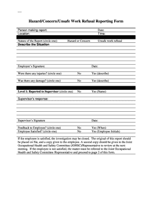 Hazard Concern Unsafe Work Refusal Reporting Form