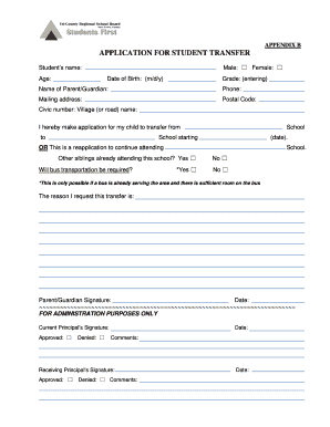 Student Transfer Application Form