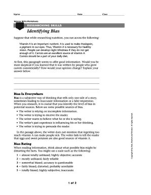 Science Skills Worksheet - Identifying Bias