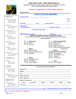 Teen Driving Skills Car Inspection Form