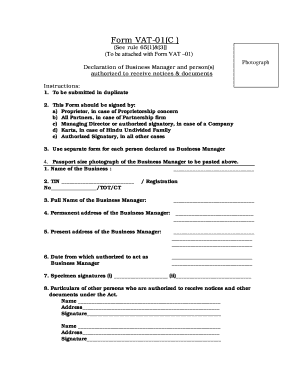 Jammu and Kashmir VAT-01 Business Manager Declaration Form