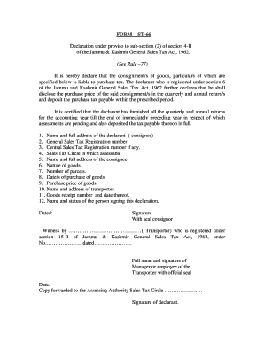 Jammu & Kashmir Sales Tax Declaration Form ST-66