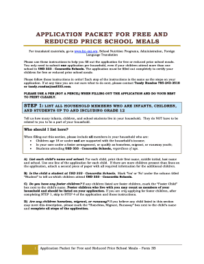 Application Packet for Free and Reduced Price School Meals