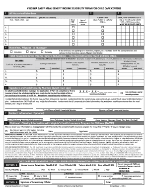Virginia CACFP Meal Benefit Income Eligibility Form