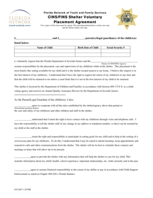 Florida CINS/FINS Shelter Voluntary Placement Agreement