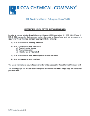 Intended Use Letter for Chemical Purchase