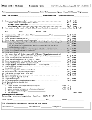 Open MRI of Michigan Screening Form