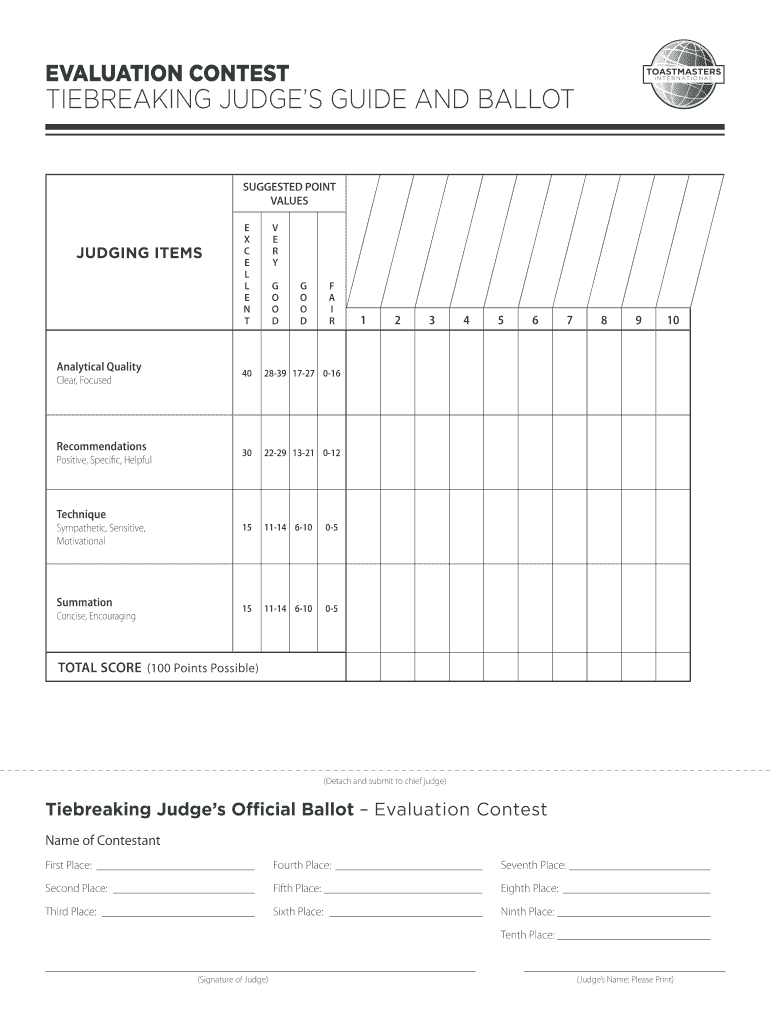 Fillable Online d25toastmasters EVALUATION CONTEST TIEBREAKING JUDGES