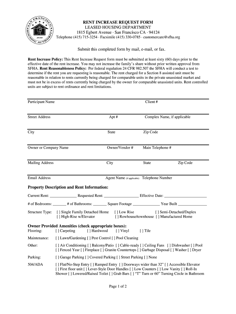 San Francisco Housing Authority Rent Increase Request Fill Out Sign 