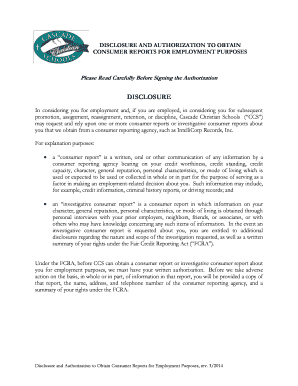 Disclosure and Authorization to Obtain Consumer Reports for Employment