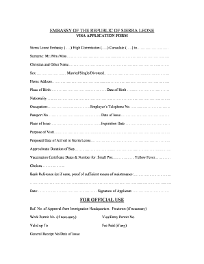 Formulaire de demande de visa de la Sierra Leone