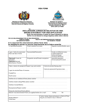 Formulario de Solicitud de Visa Turística de Bolivia