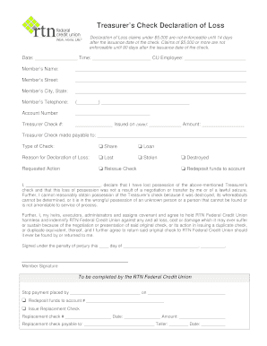 Treasurer's Check Declaration of Loss