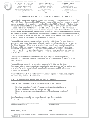 Terrorism Insurance Coverage Disclosure Notice