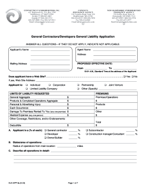 General Contractors/Developers General Liability Application