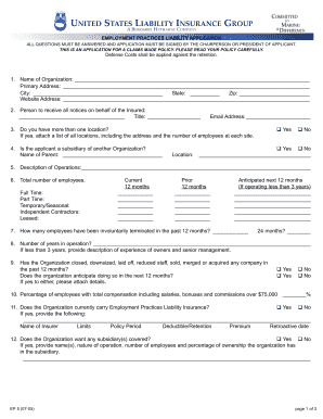 Employment Practices Liability Insurance Application