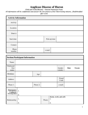 Anglican Diocese of Huron Child and Youth Ministry Permission Form
