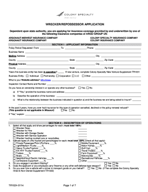 Wrecker/Repossession Insurance Application