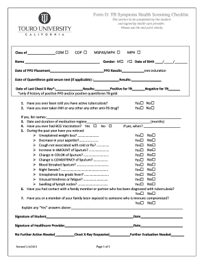 TB Symptoms Health Screening Checklist