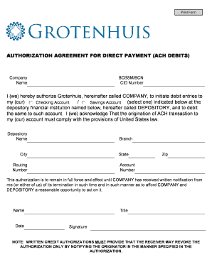 Authorization Agreement for Direct Payment (ACH Debits)