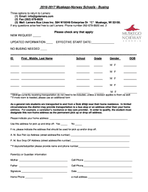 Muskego-Norway Schools Busing Request Form