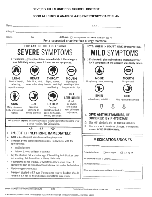 Food Allergy Anaphylaxis Emergency Care Plan