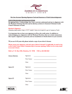 Account Opening Signature Card and Statement of Faith