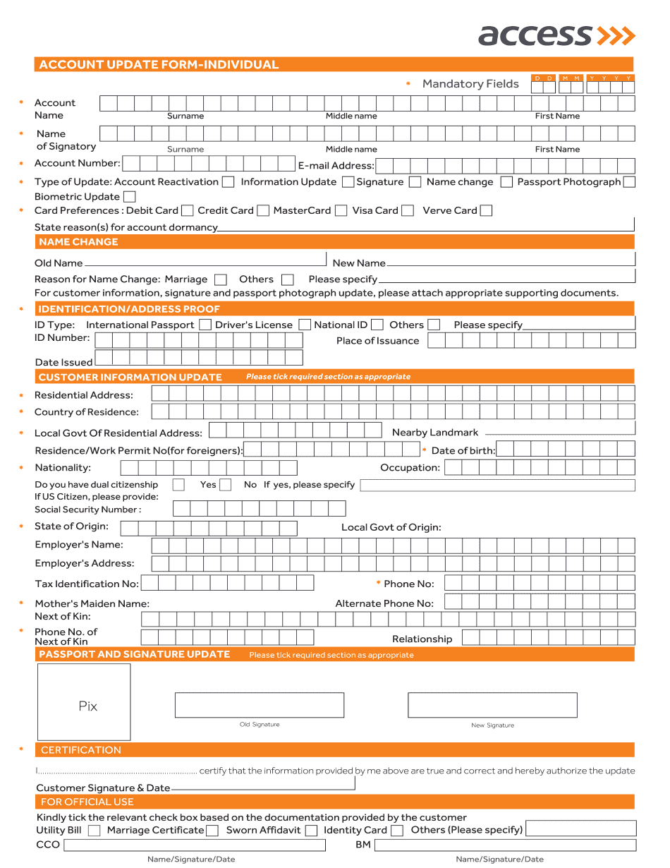 Access Bank Account Update Form